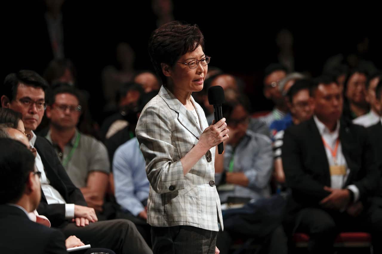Hong Kong Chief Executive Carrie Lam speaks during a community dialogue at the Queen Elizabeth Stadium in Hong Kong.