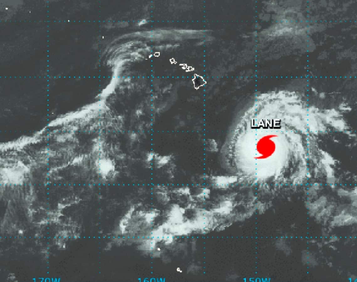 This NASA satellite imagery shows Hurricane Lane in the Central Pacific Ocean southeast of the Hawaiian Islands at 2:01 p.m. HST (21:01 GMT)