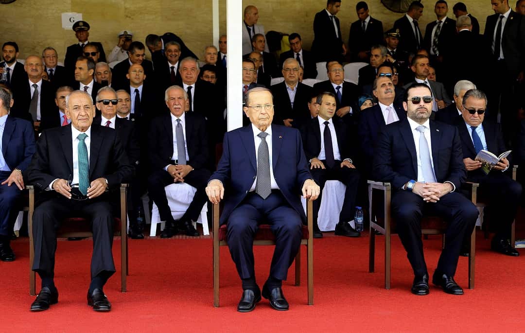 Lebanese President Michel Aoun (C), Prime Minister Saad Hariri (R) and Parliament Speaker Nabih Berri (L). 