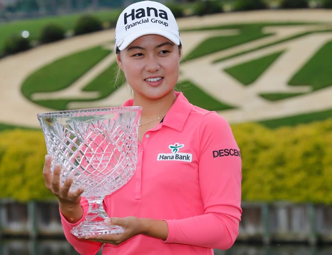 Lee holds the winners trophy after winning the rain delayed Kingsmill Championship LPGA golf tournament in 2015.