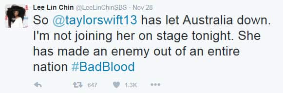 Lee Lin Chin tweets Tyalor Swift