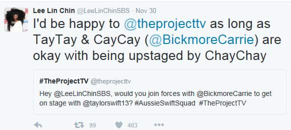 Lee Lin Chin tweets Tyalor Swift