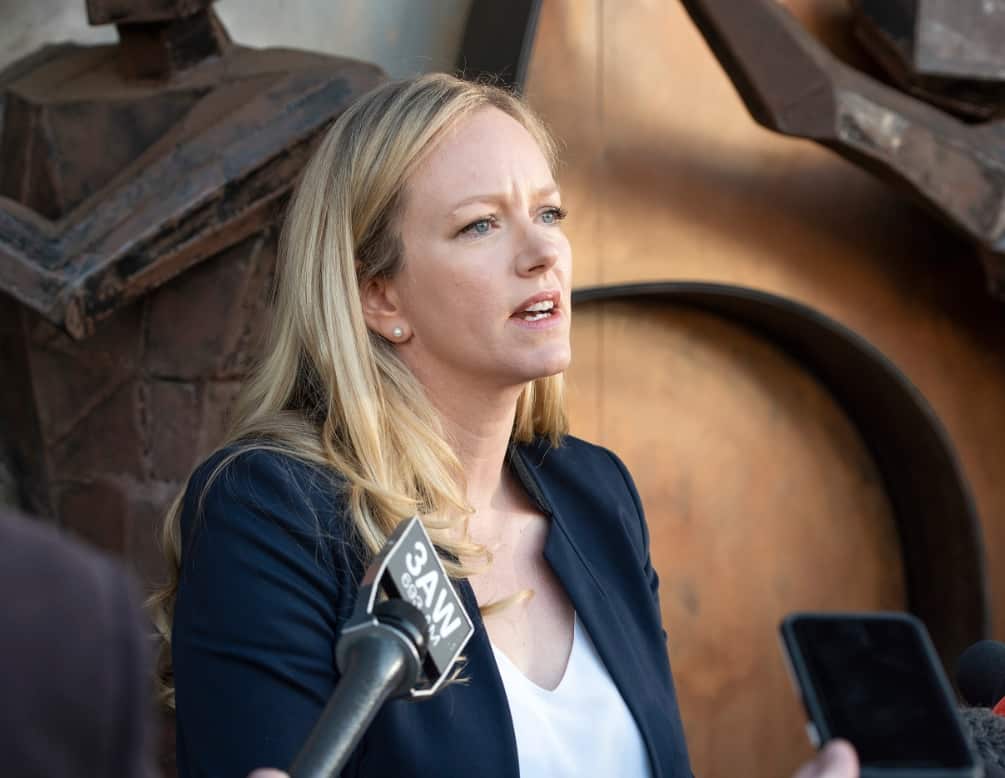 Swimming Australia's CEO Leigh Russell speaks to the media in Melbourne, Sunday, July 28, 2019. 