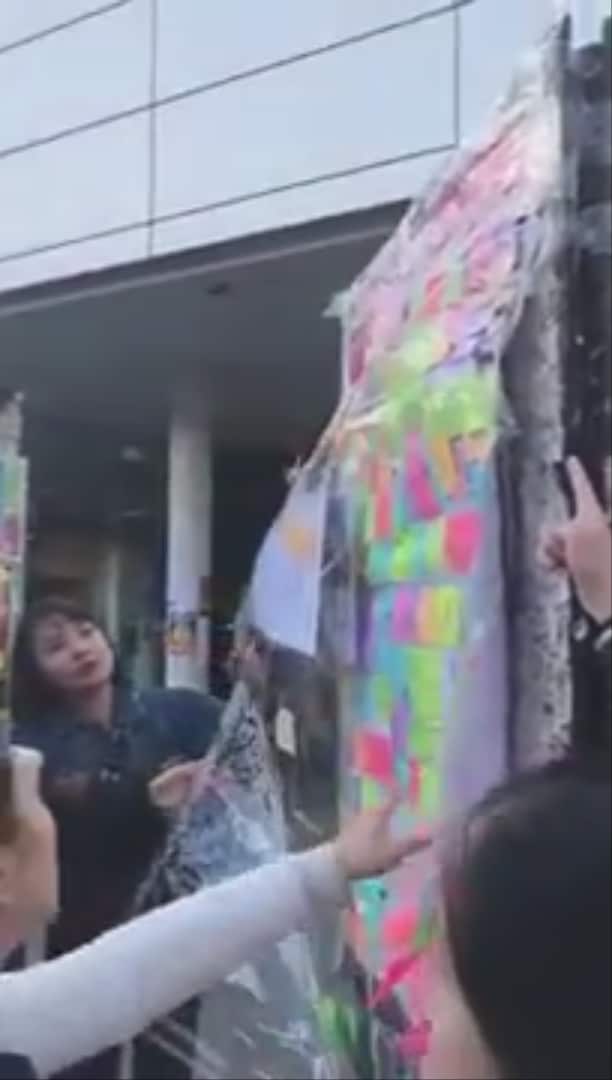 Protesters tear down a pro-Hong Kong 'Lennon wall' at the University of Sydney.