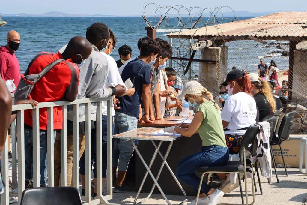 The New Temporary Refugee Camp in Kara Tepe - Mavrovouni with asylum seekers waiting for services.