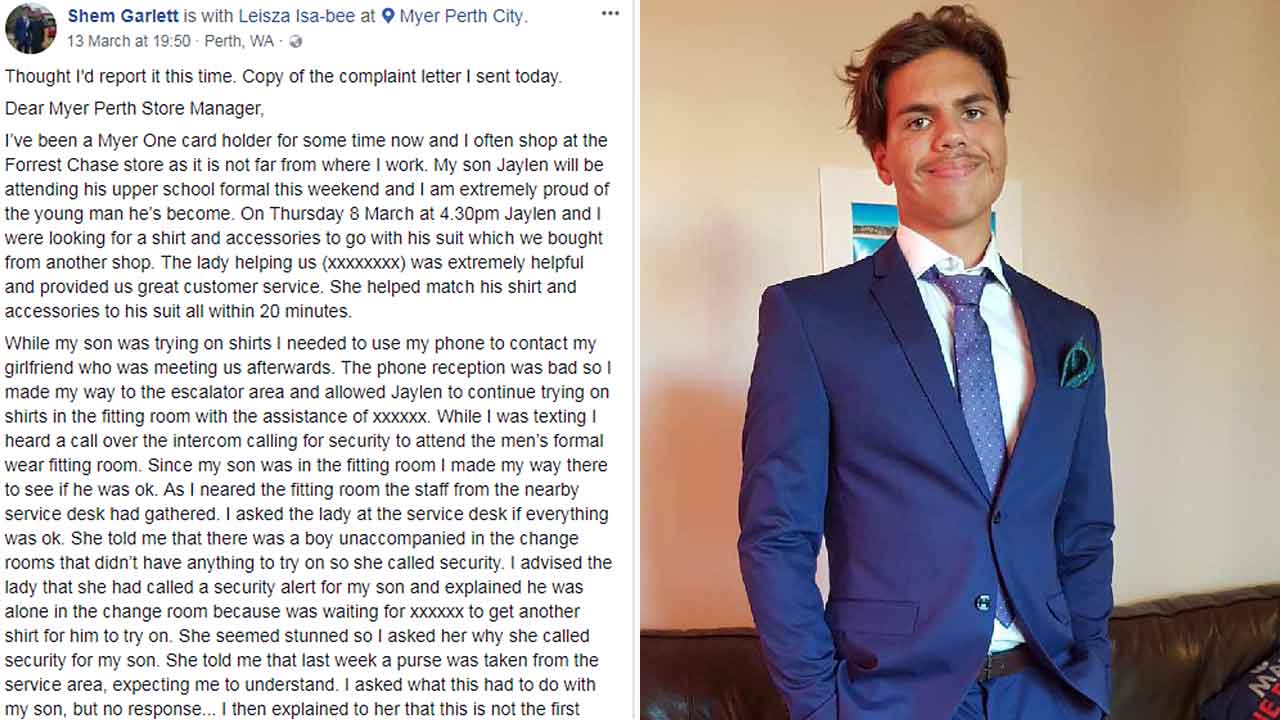 Left: Mr Garlett's complaint letter that he sent to Myer and susequently posted on Facebook, and right, his son, Jaylen.