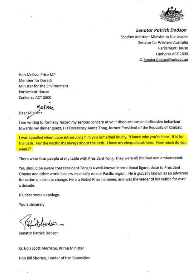 The letter Labor Senator Pat Dodson sent Environment Minister Melissa Price after the alleged incident. 