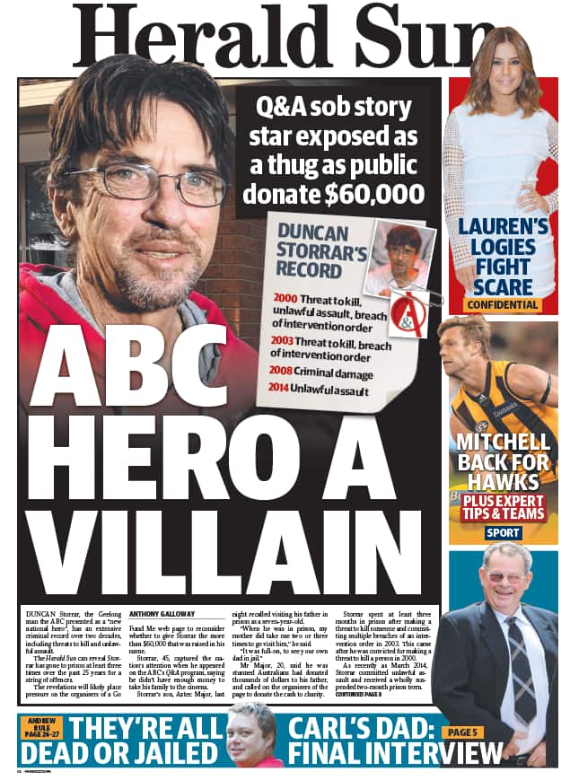 Duncan Storrar on the front page of The Herald Sun