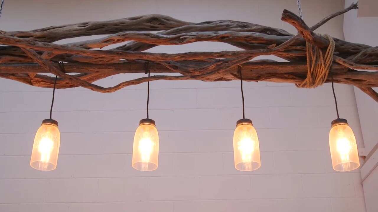 Light fittings at Red Gum BBQ create with drift wood collected from a nearby beach.