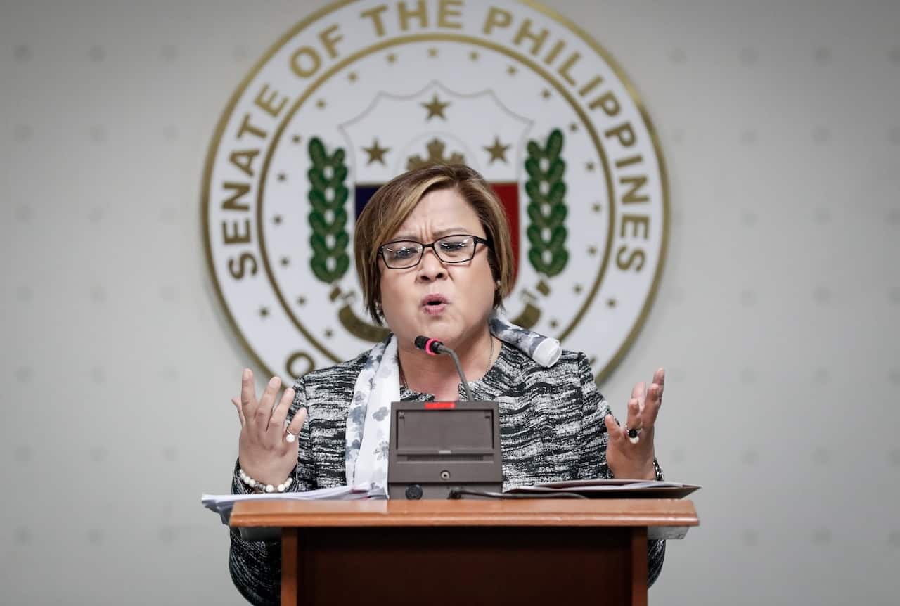 hilippine Senator Leila De Lima gestures during a press conference at the Philippine Senate in Pasay City, south of Manila, Philippines, 21 February 2017. (AAP)