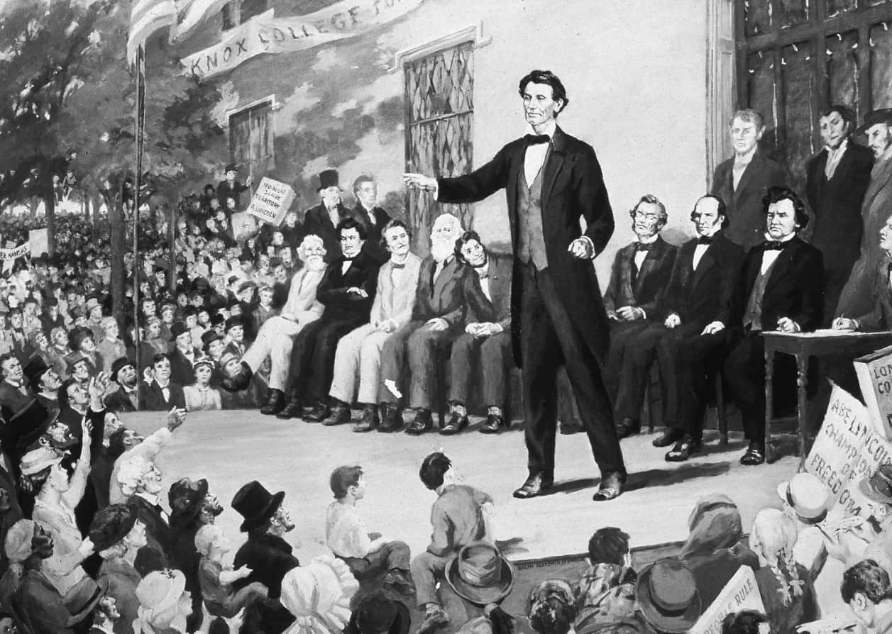 Illustration of Republican presidential candidate Abraham Lincoln speaking on stage during a debate with Steven Douglas in 1858 (Getty)