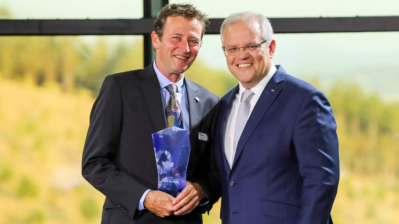 Australia's Local Hero, Bernie Shakeshaft, is congratulated by Prime Minister Scott Morrison.