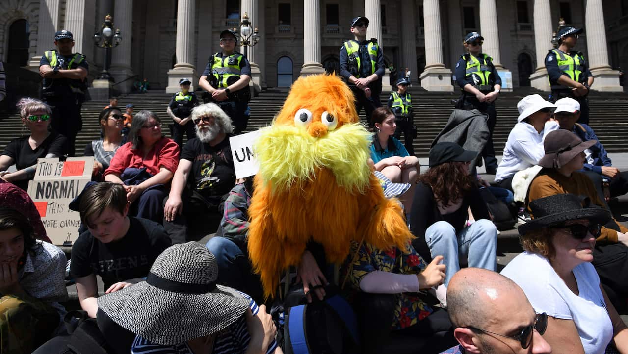 A protester dresses up in a Lorax costume from Dr Seuss in Melbourne.