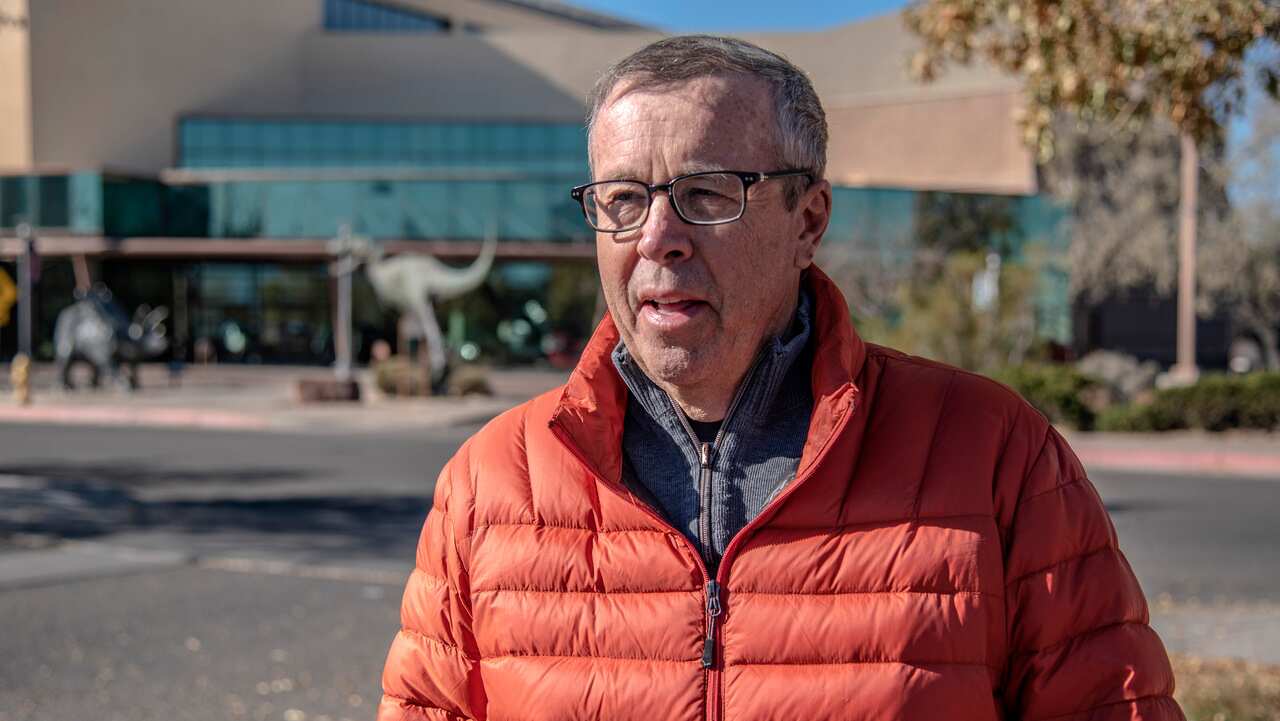 Paleontology curator Spencer Lucas talking about Gordodon, a specialized plant-eating reptile.
