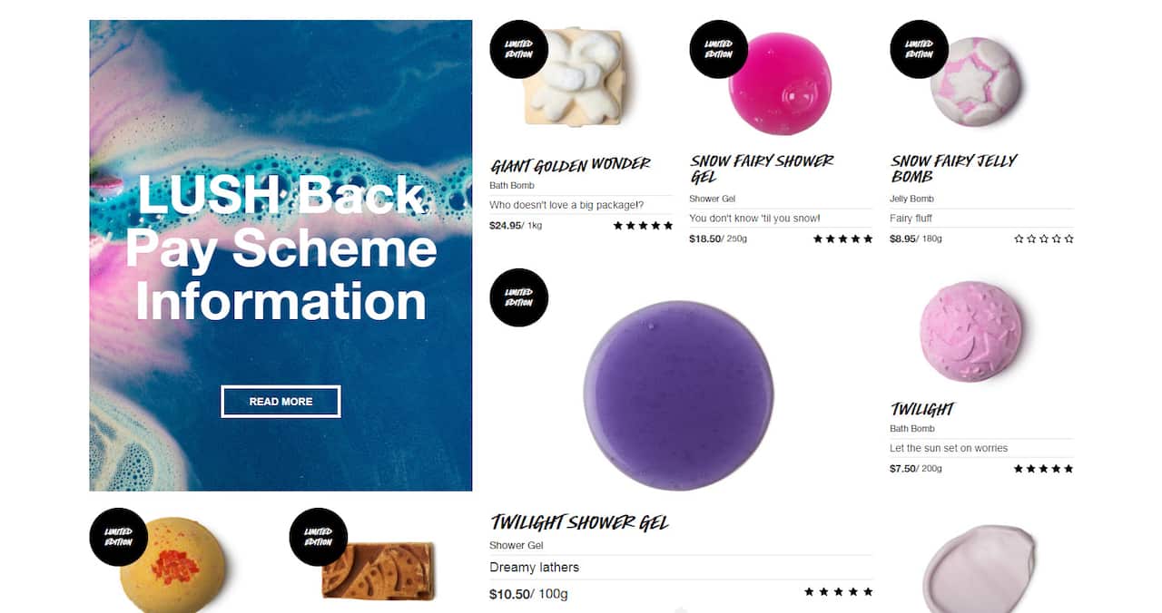 The Lush Australia website displays the pay back scheme after the company admitted it had found errors in its payroll system. 