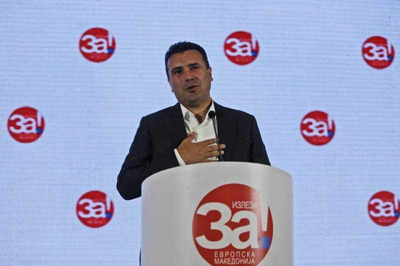 Macedonia's Prime Minister Zoran Zaev talks to members of the media about the referendum in Skopje, Macedonia, Sunday, Sept. 30, 2018. 