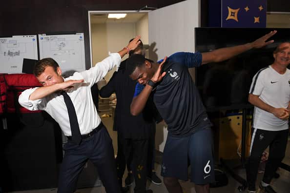French President Emmanuel Macron dabs with Paul Pogba after France took out the World Cup.