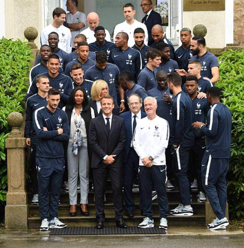 Mr Macron receives the France football team during a ceremony at the Elysee Palace.