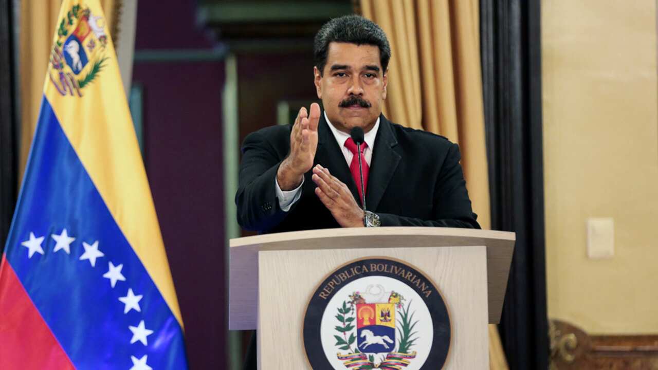 President of Venezuela Nicolas Maduro holding a press conference in Caracas, Venezuela.