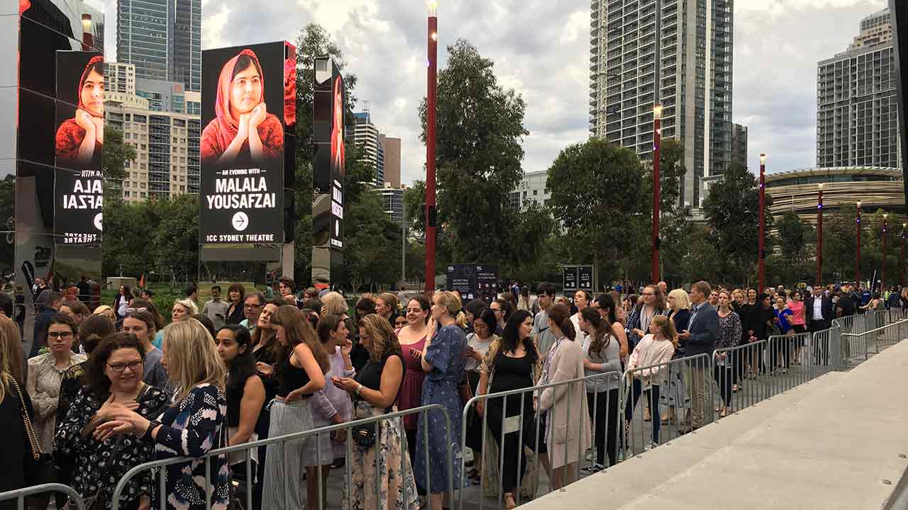 Crowds wait in line ahead of Malala Yousafzai's talk at Sydney's International Convention Centre.
