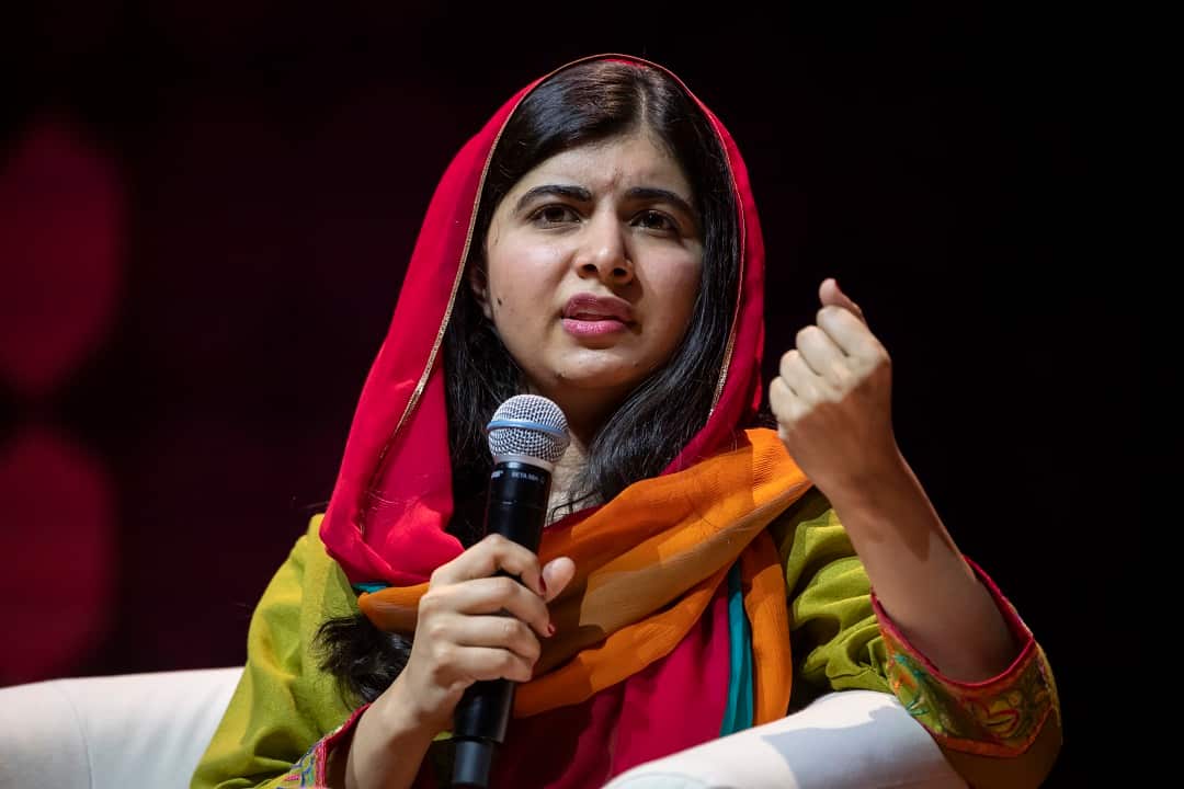 Pakistani activist Malala Yousafzai delivering a speech at the ICC Sydney Theatre.