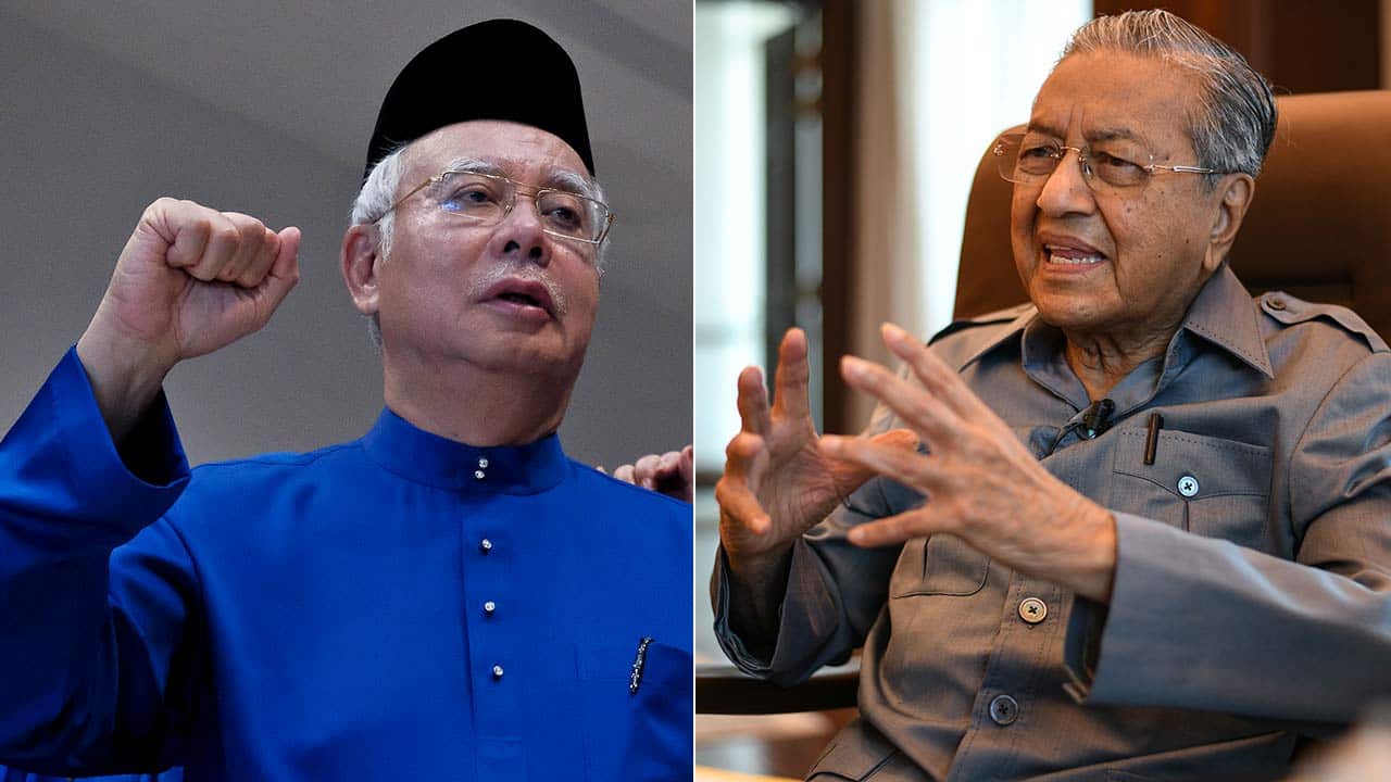 Left: Malaysia Prime Minister and National Front coalition (Barisan Nasional) President Najib Razak and, right, Mahathir Mohamad.