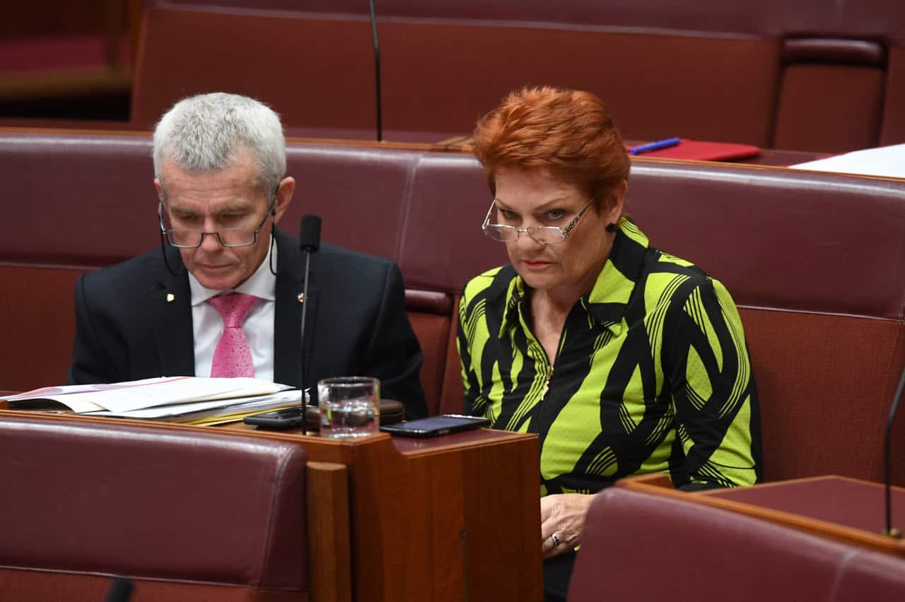 One Nation Senators Pauline Hanson and Malcolm Roberts react during debate in the Senate Chamber at Parliament House in Canberra, Thursday, June 22, 2017.