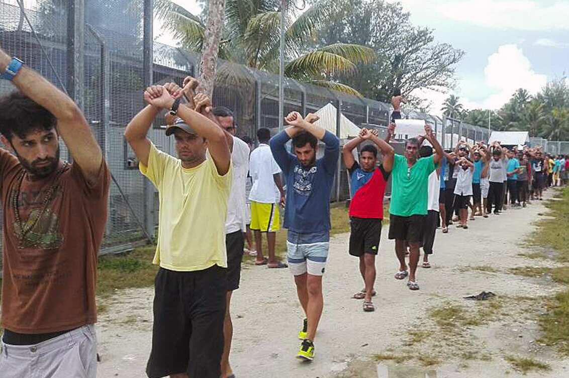 Refugees protesting at the Manus Island immigration detention centre in Papua New Guinea.  