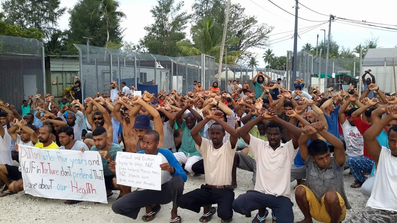 Supplied image obtained Saturday, November 18, 2017, of asylum seekers and refugees protesting at the Manus Island immigration detention centre