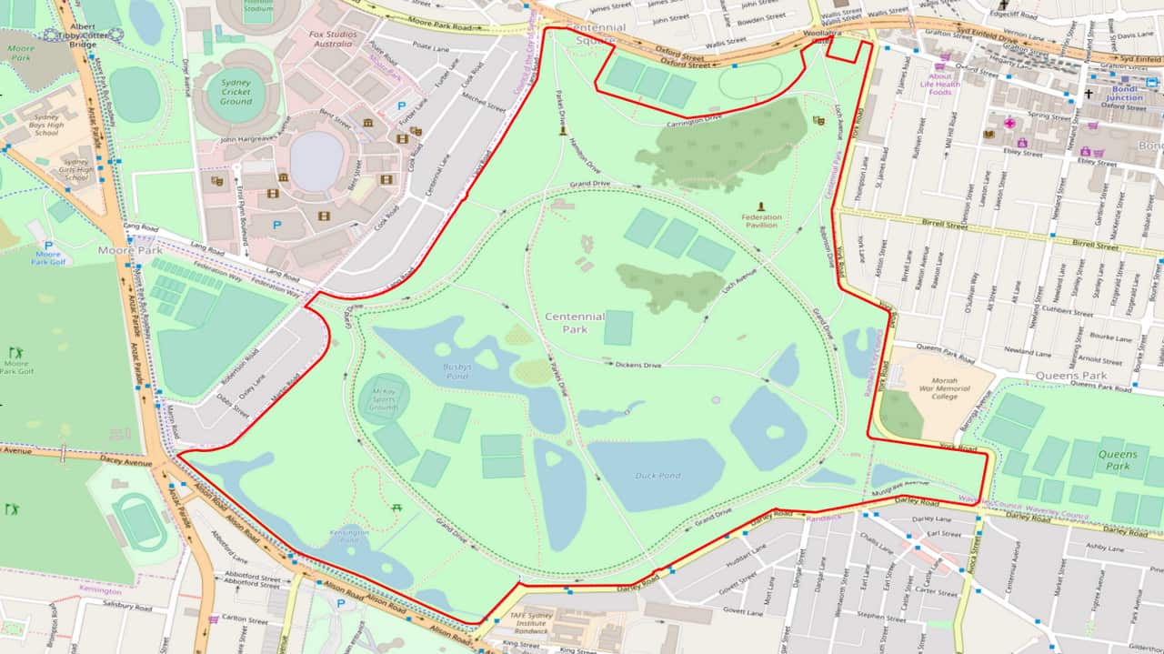 Centennial Park is defined by a iron palisade and sandstone boundary fence with decorative formal entry gates at regular intervals.