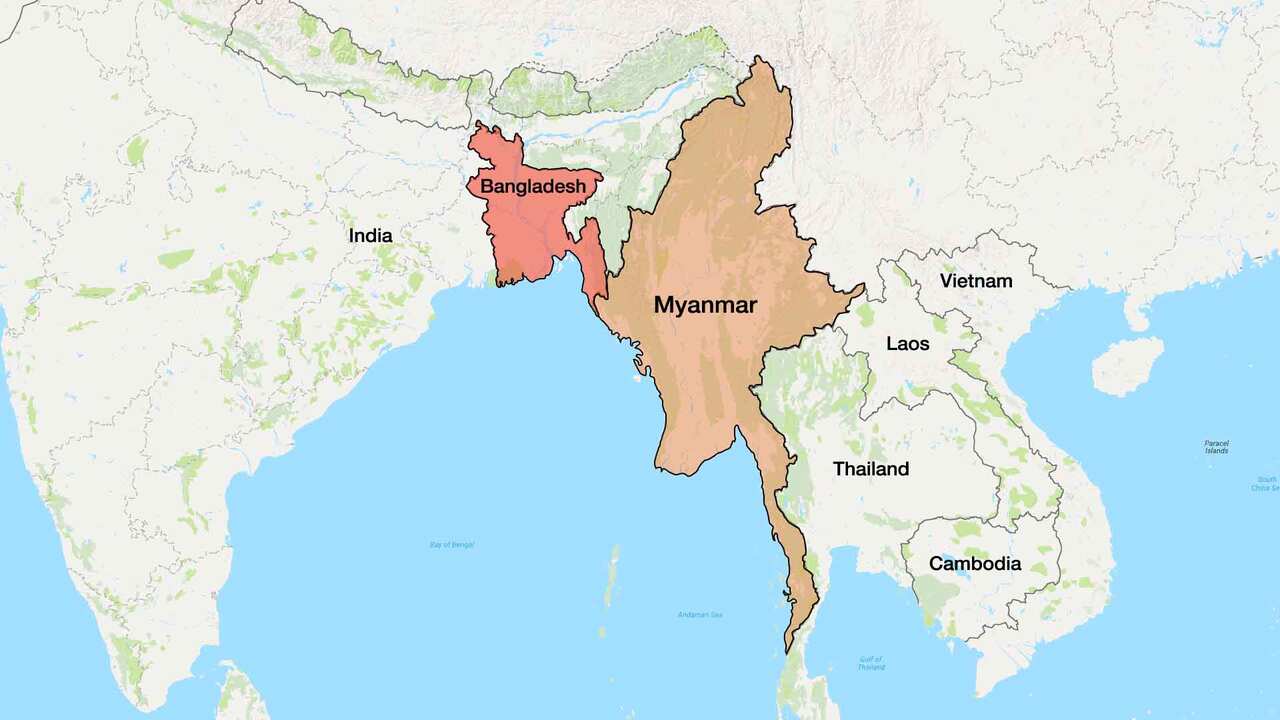 Myanmar and bordering nations.