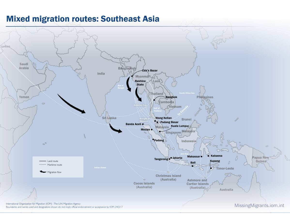 Missing Migrants Project tracks fatalities of migrants, including refugees, traveling along mixed migration routes around the world.  This map shows the different transit routes in Southeast Asia.