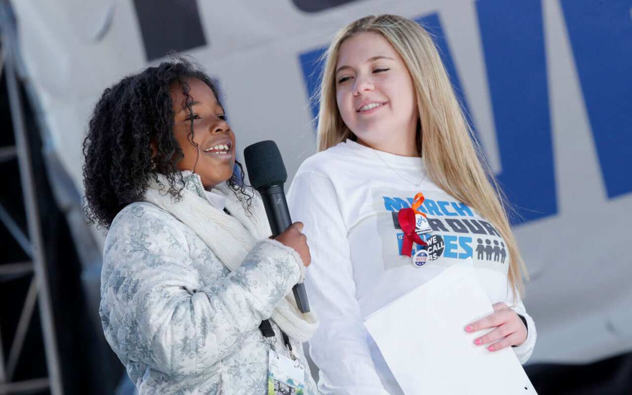 Yolanda Renee King and Jaclyn Corin speak onstage at March For Our Lives on March 24, 2018 in Washington, DC.