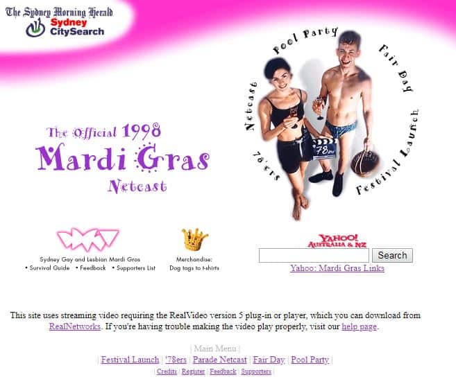 Mardi Gras Netcast webpage circa 1998.