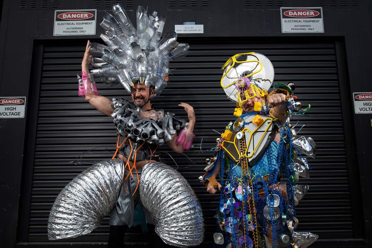 Francisco Alcazar (left) and Nock Perrett made their costumes out of recycled items. 