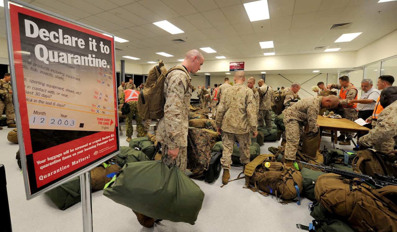 Marine Corps personnel complete Australian Quarantine checks at the Royal Australian Air Force Base in Darwin as part of their rotation.