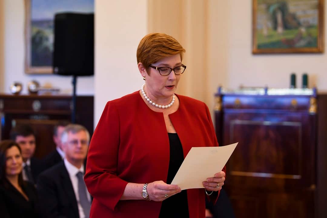 Marise Payne is being sworn-in as Australian Minister for Foreign Affairs during a ceremony at Government House in Canberra, Tuesday, August 28, 2018. (AAP Image/Lukas Coch) NO ARCHIVING