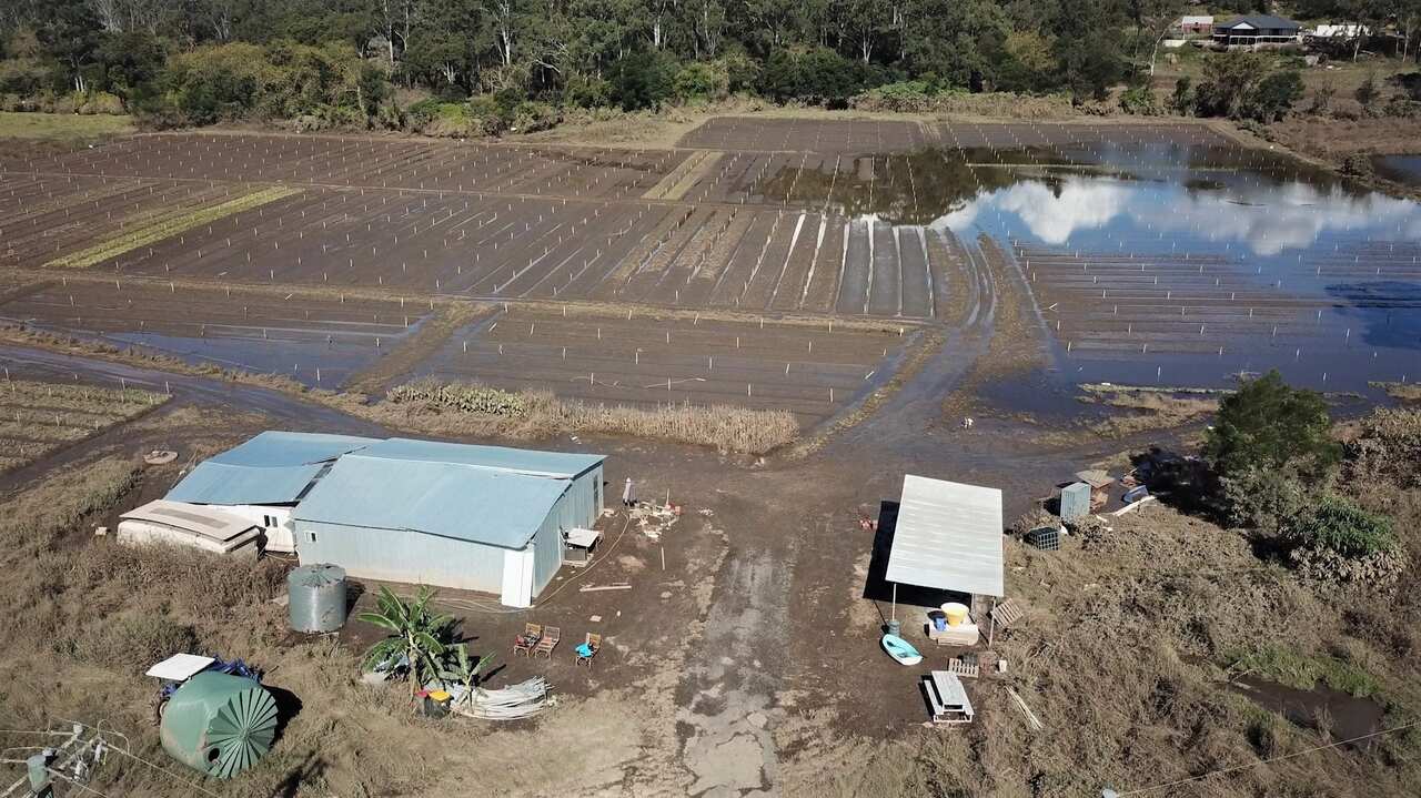 An aerial view of the flooded market gardens.