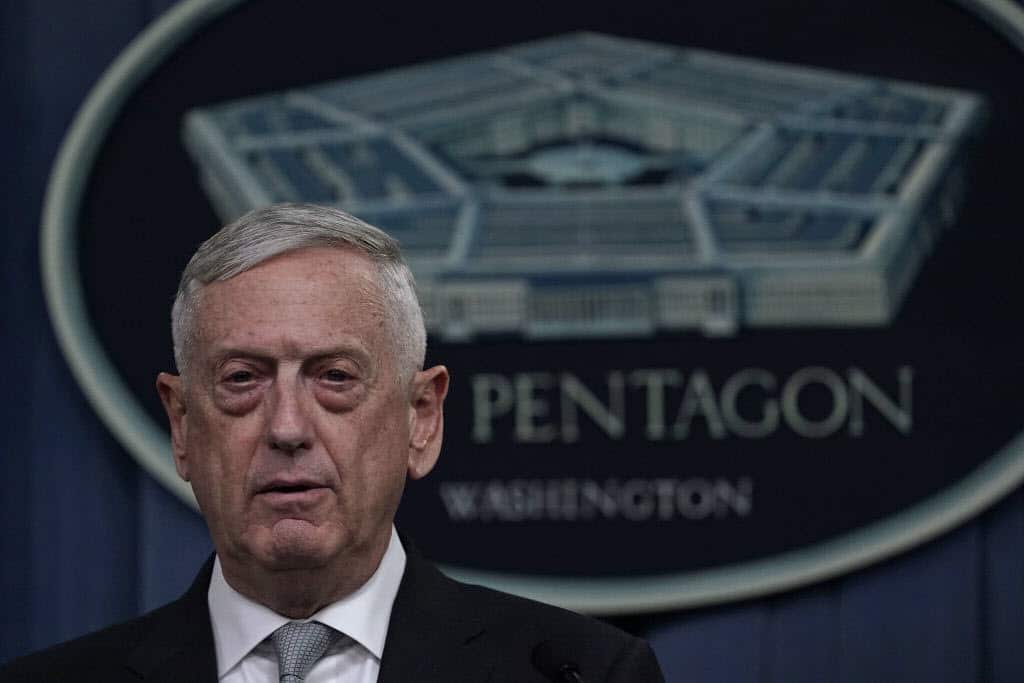 Defense Secretary Jim Mattis briefs members of the media on Syria at the Pentagon April 13, 2018 in Arlington, Virginia.