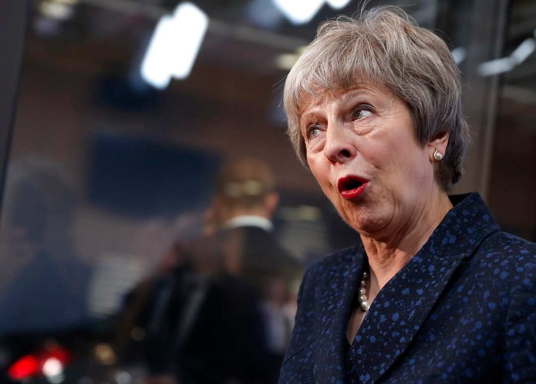 British Prime Minister Theresa May arrives for a meeting with European Council President Donald Tusk at the Europa building in Brussels, Saturday.