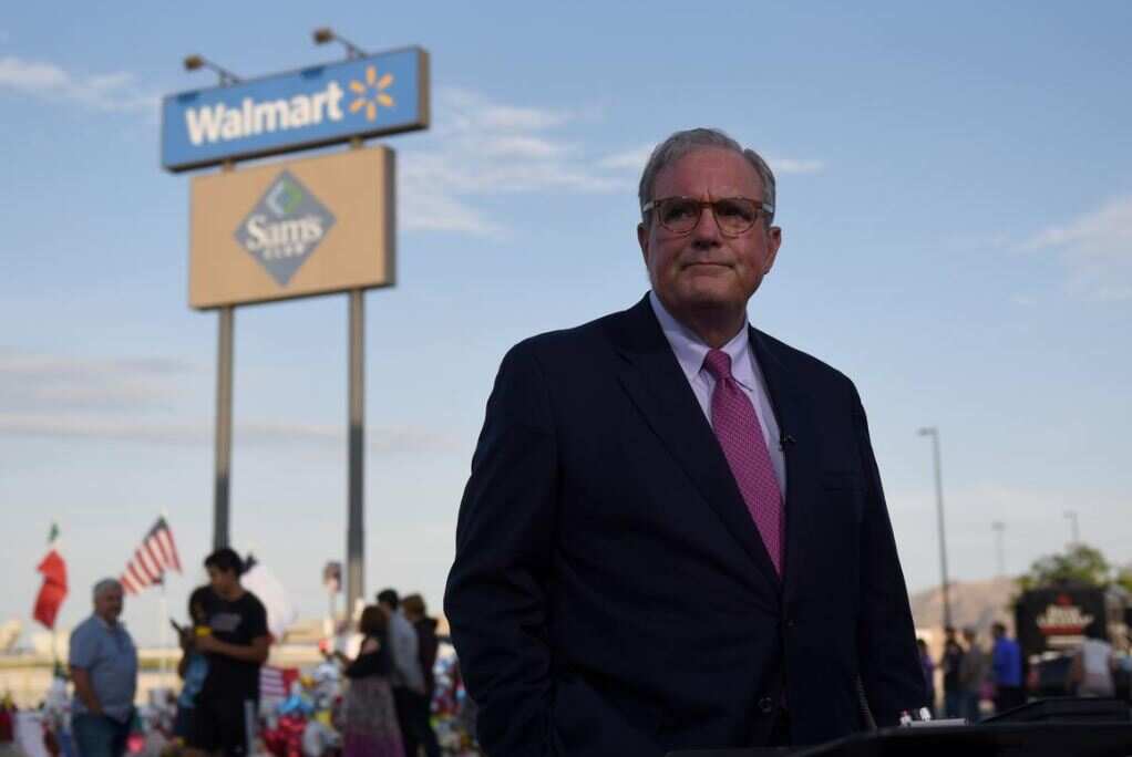 El Paso Mayor Dee Margo speaks with the media at a memorial four days after a mass shooting at a Walmart store in El Paso, Texas.