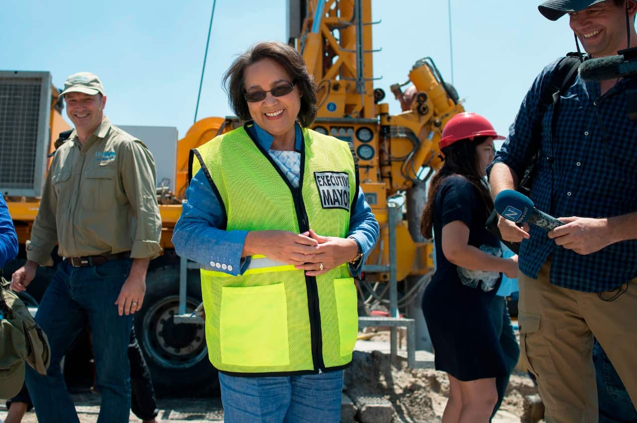 Cape Town Mayor Patricia de Lille (C) talks to media at a site where the city council has ordered drilling into the aquifer to tap water on January 11 (Getty)