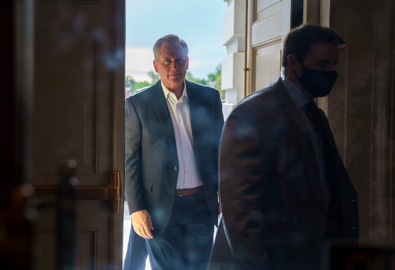 House Minority Leader Kevin McCarthy arrives at the Capitol as House Republicans meet to vote on ousting Rep. Liz Cheney from her leadership post.