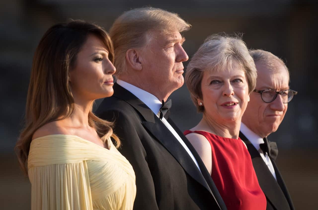 From left, first lady Melania Trump, President Donald Trump, British Prime Minister Theresa May, and her husband Philip May,