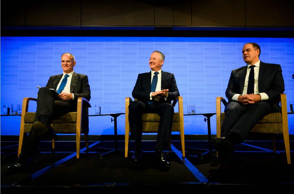 News Corp Executive Chariman Michael Miller, Nine Chief Executive Officer Hugh Marks and Managing Director ABC David Anderson at the National Press Club.