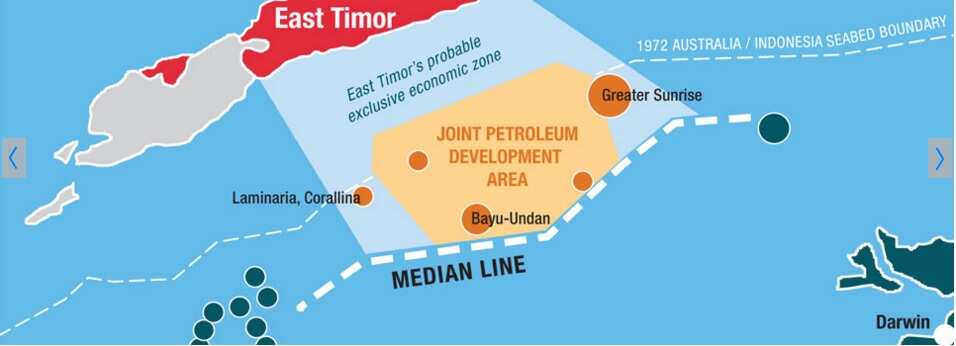 Image supplied by Timor Sea Justice, showing the 'median line' between the two countries and the area where oil and petrol extraction is done