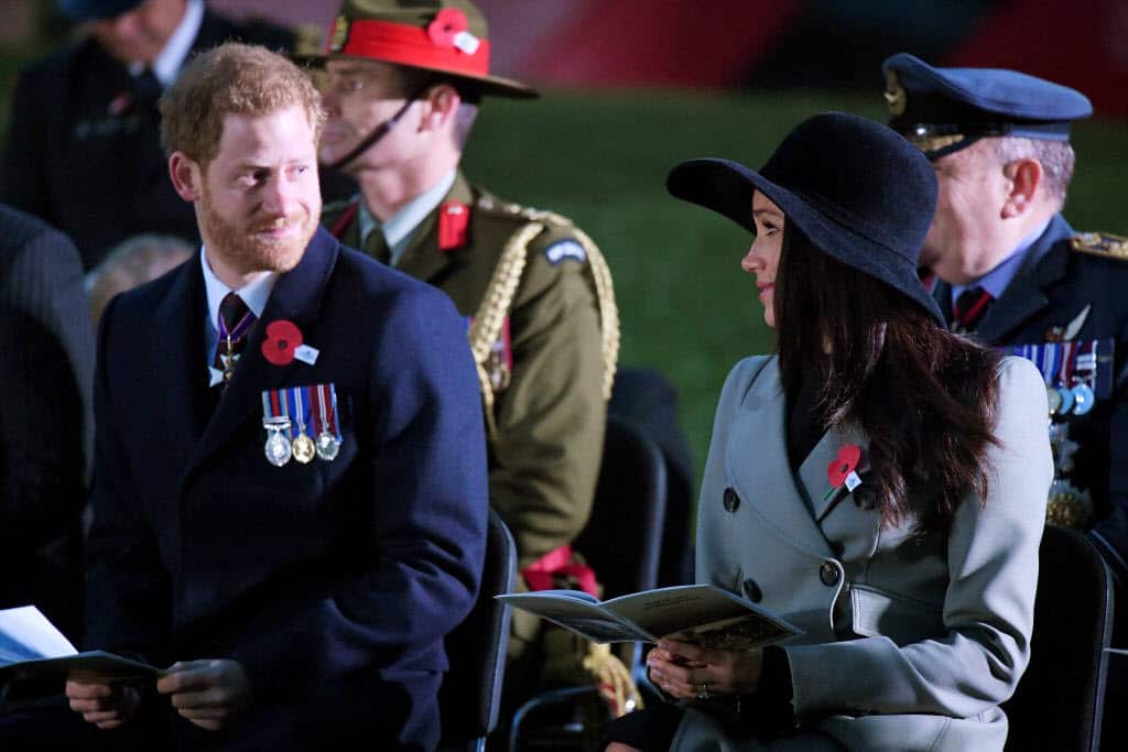 Prince Harry and Meghan Markle attend the Dawn Service at Wellington Arch to commemorate Anzac Day on April 25, 2018 in London, United Kingdom. 