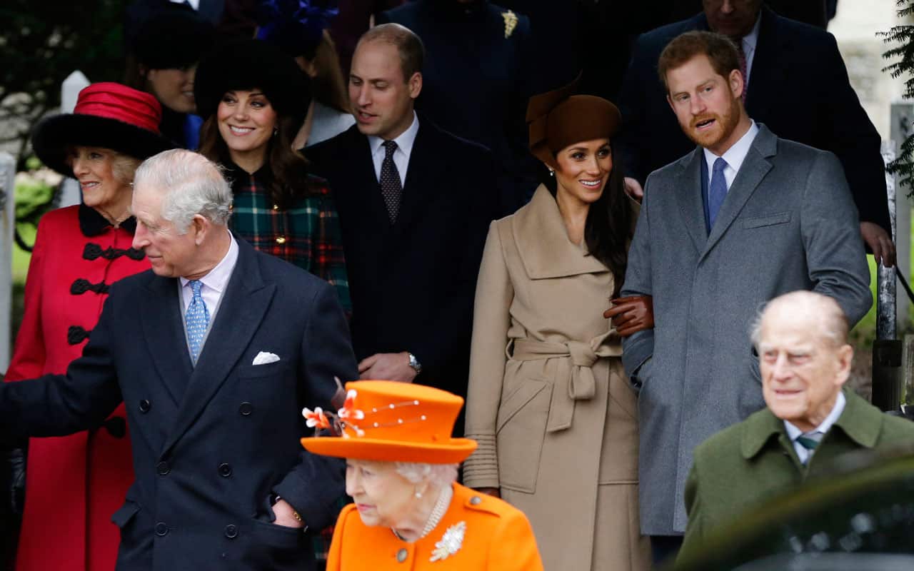 From left in background, Britain's Prince William, Kate, Duchess of Cambridge, Meghan Markle and Prince Harry arrive to attend their traditional Christmas Day.