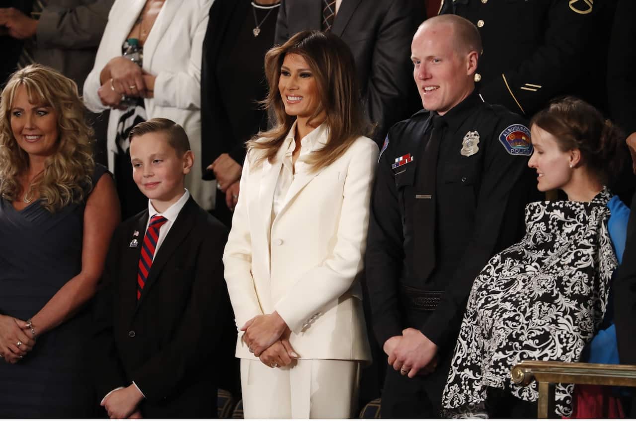 US First Lady Melania Trump arrives before US President Donald J. Trump arrives to deliver his first State of the Union 