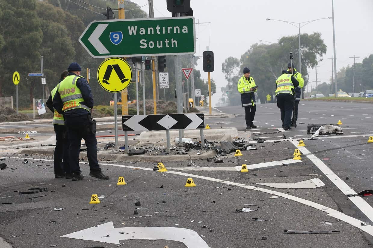 Police at the scene of the fatal hit-run collision in Wantirna South on Saturday.